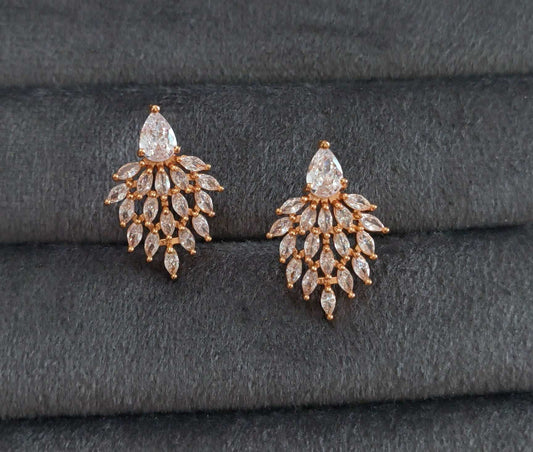 Gold Plated AD Stone Studded Leaf Shape Statement Earring