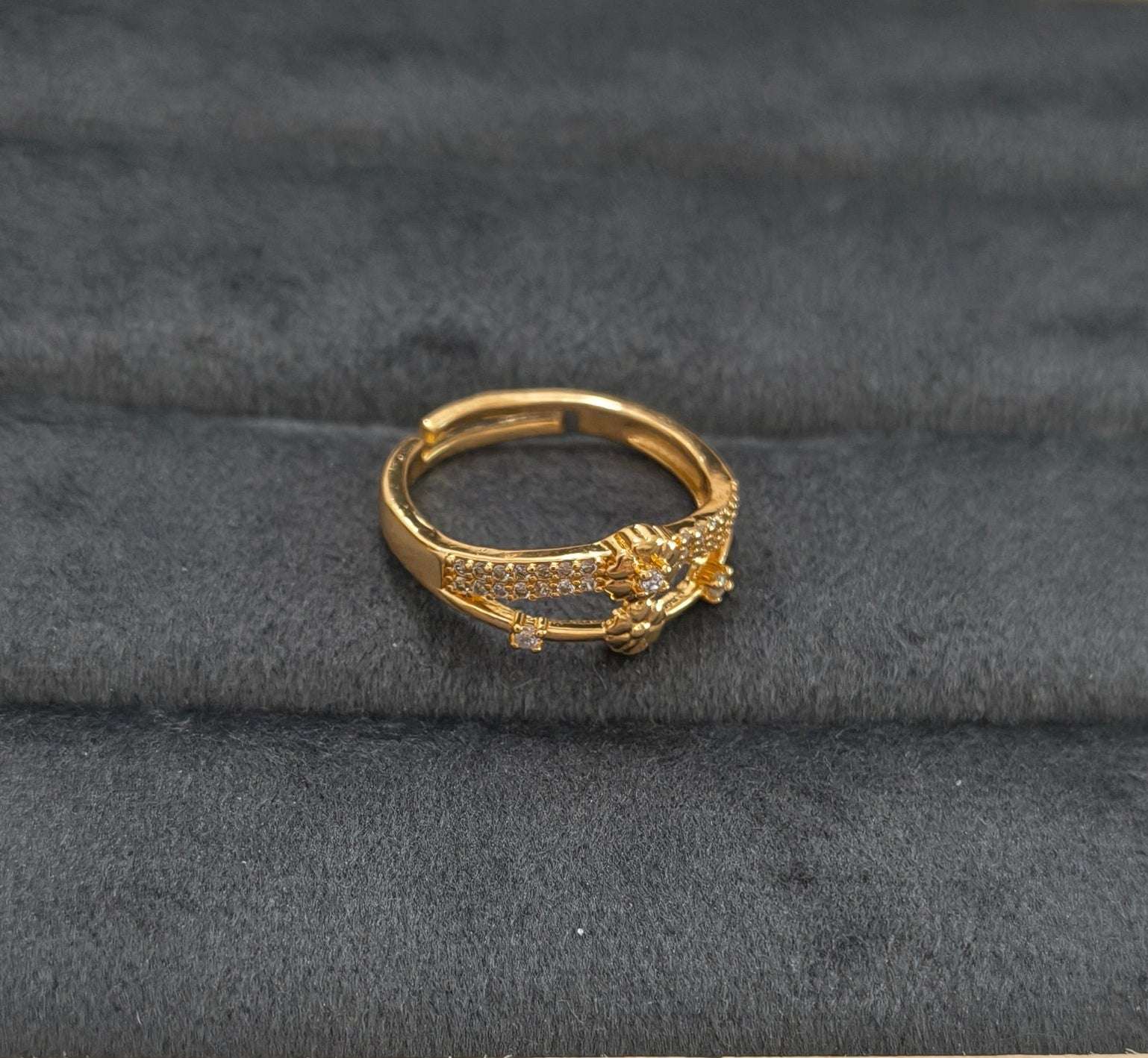Gold Plated Adjustable Floral AD Stone Studded Ring