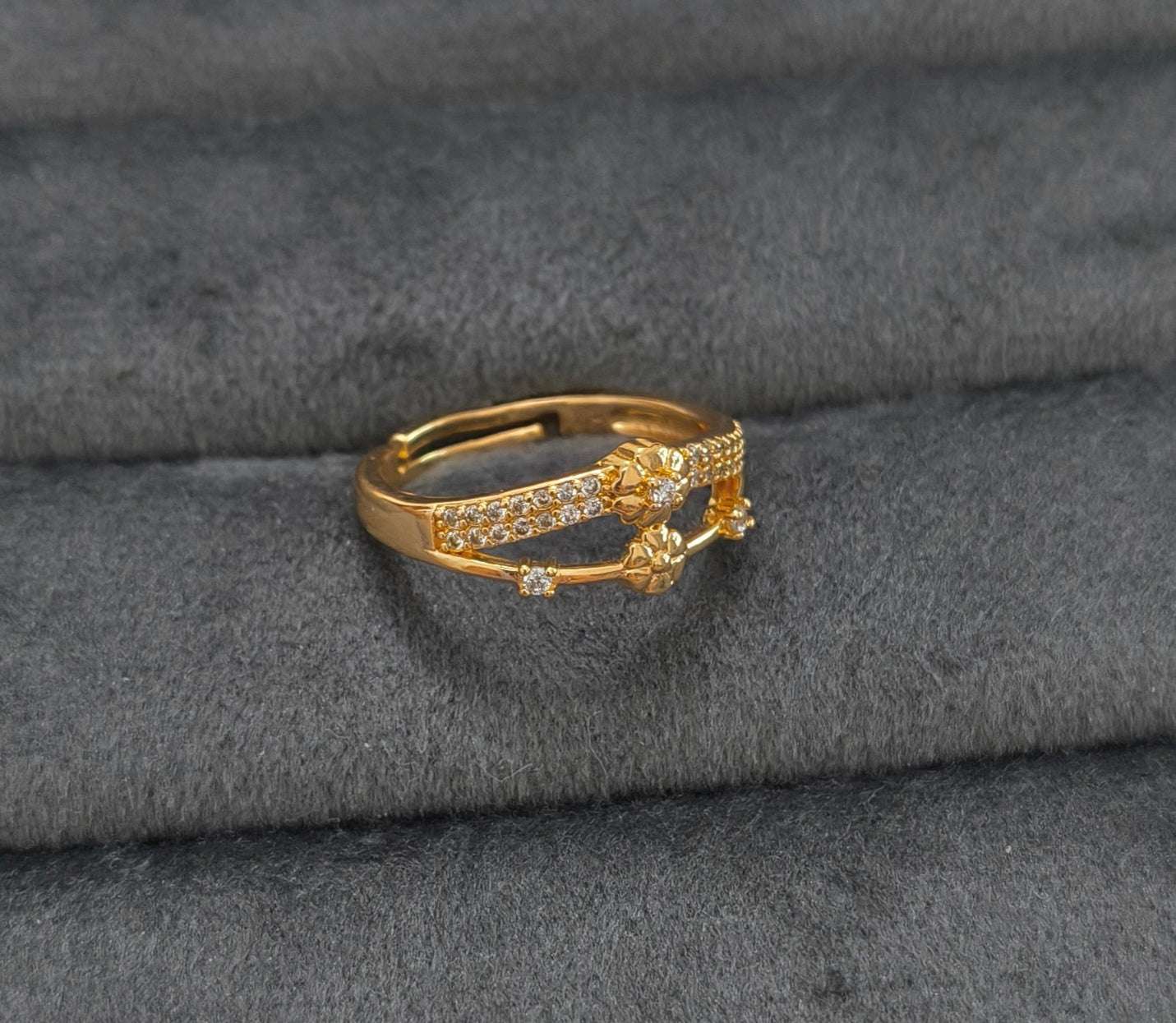 Gold Plated Adjustable Floral AD Stone Studded Ring