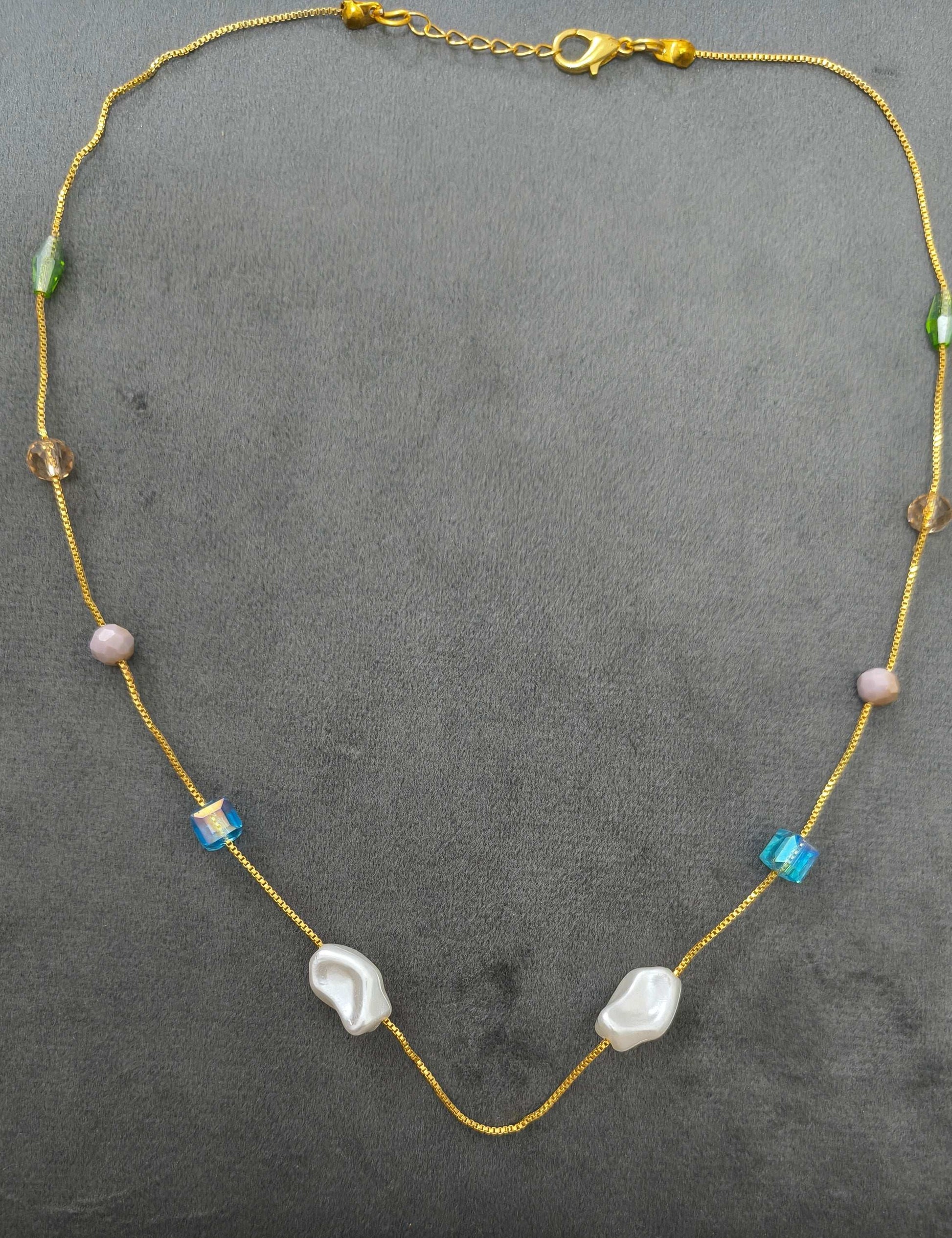 Gold Plated Freshwater Pearl Shape Crystal & Beads Necklace
