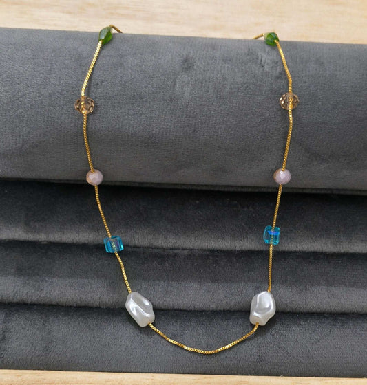 Gold Plated Freshwater Pearl Shape Crystal & Beads Necklace