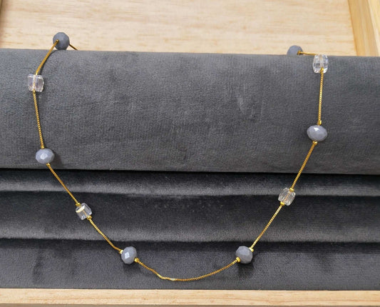 Gold Plated Grey White Crystal & Beads Necklace