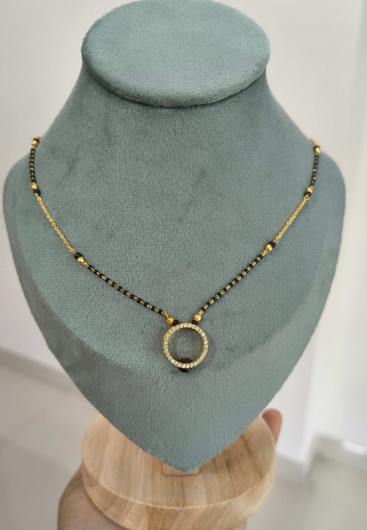 Gold Plated Hollow Circle Black Bead Pendant Style Mangalsutra Chain