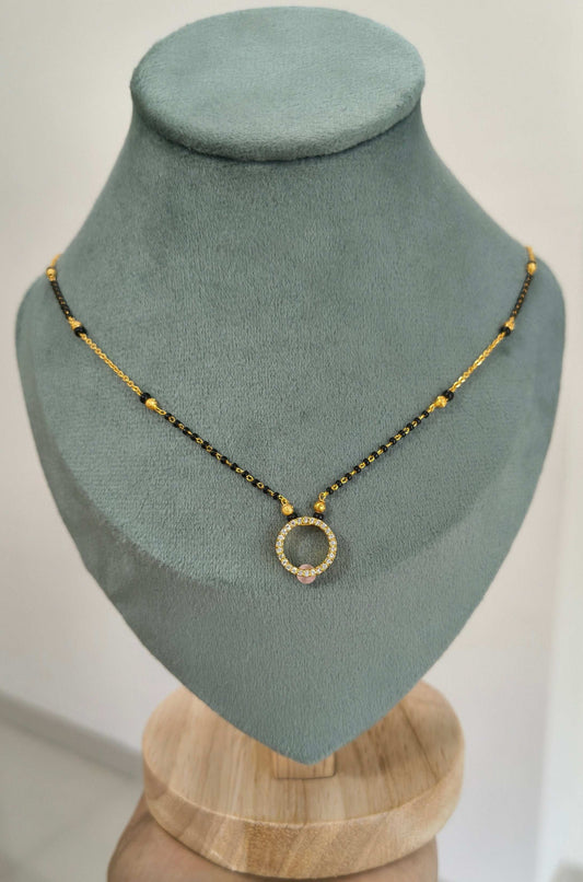 Gold Plated Hollow Circle Pink Bead Pendant Style Mangalsutra Chain