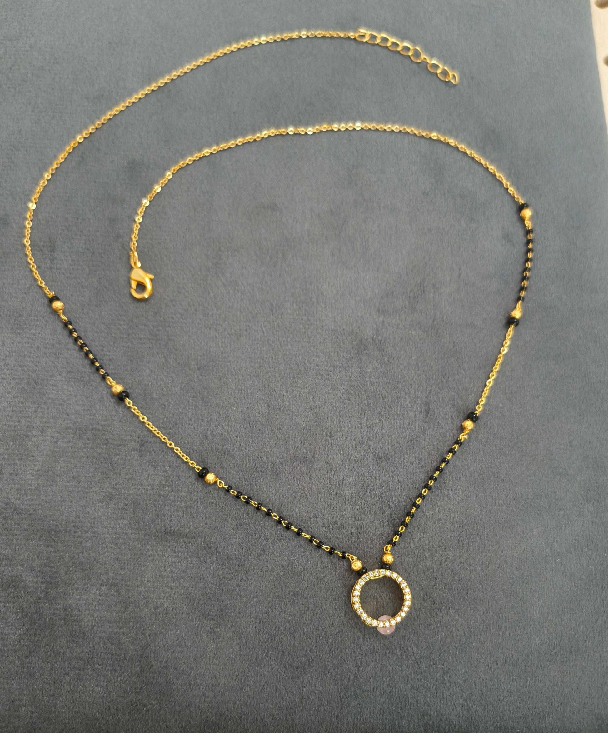 Gold Plated Hollow Circle Pink Bead Pendant Style Mangalsutra Chain