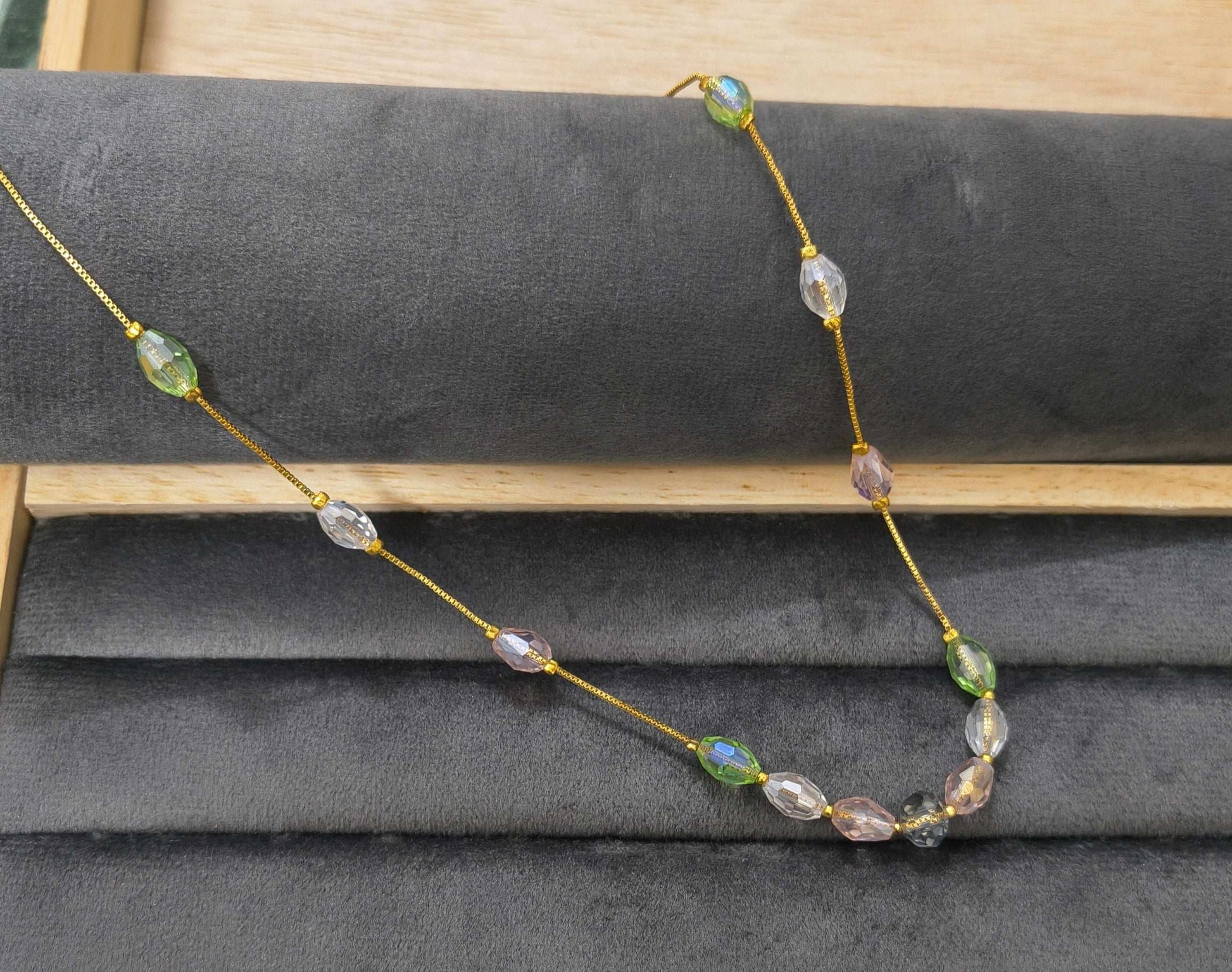 Gold Plated Multicolor Oval Crystal Beads Necklace