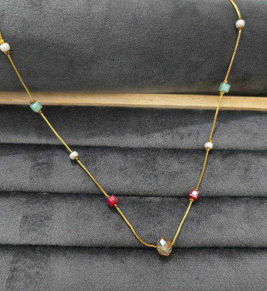 Gold Plated Multicolor Round Square Beads Necklace