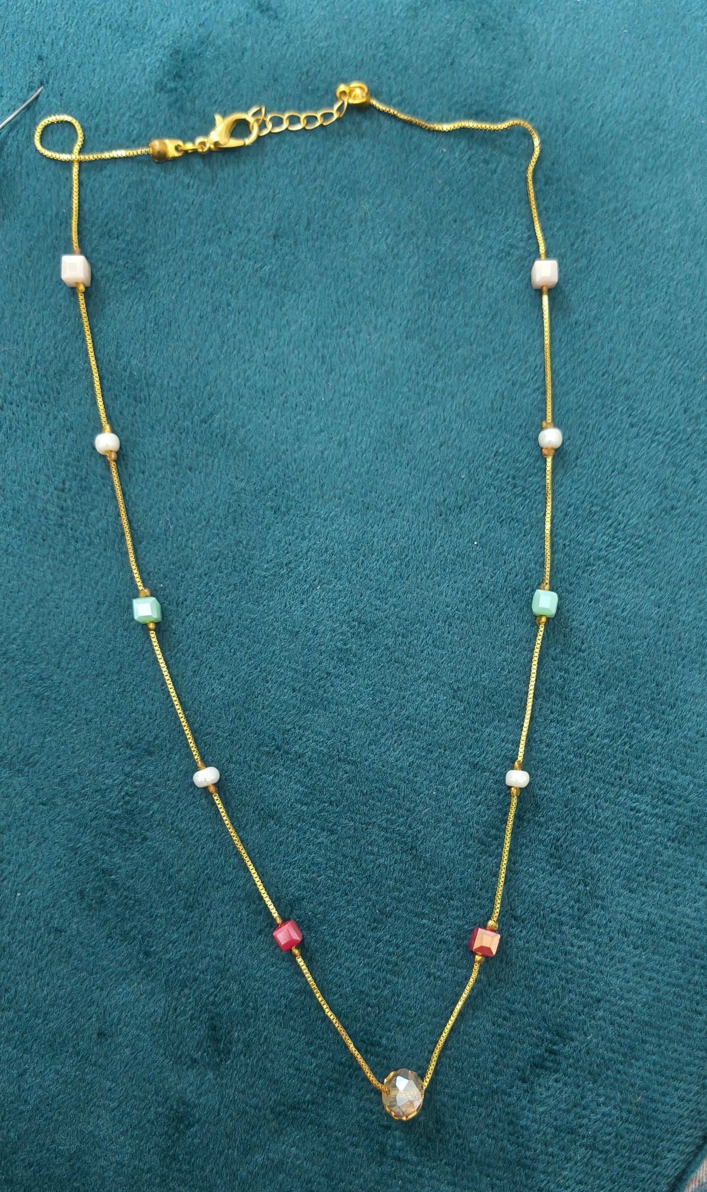 Gold Plated Multicolor Round Square Beads Necklace