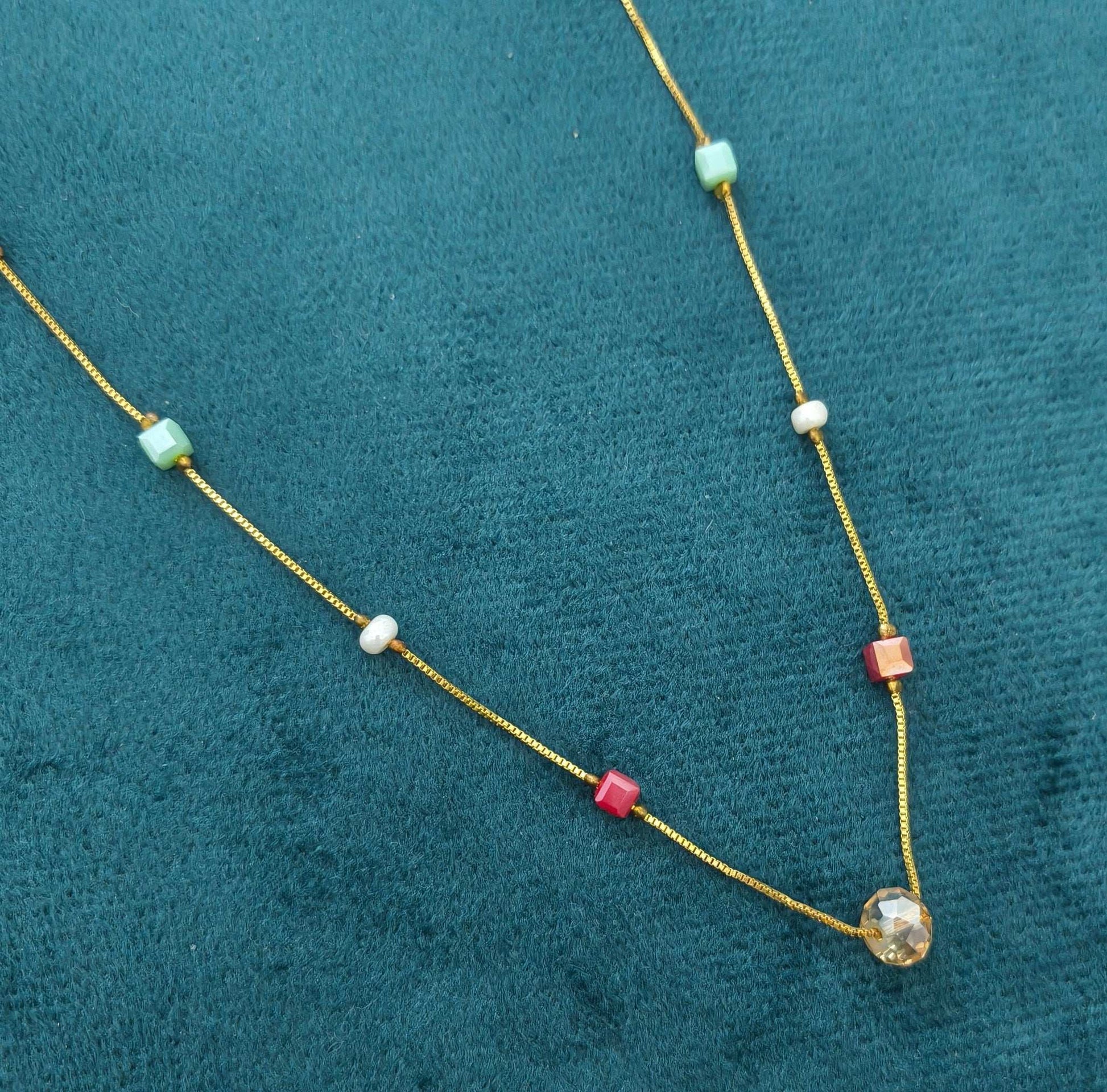 Gold Plated Multicolor Round Square Beads Necklace