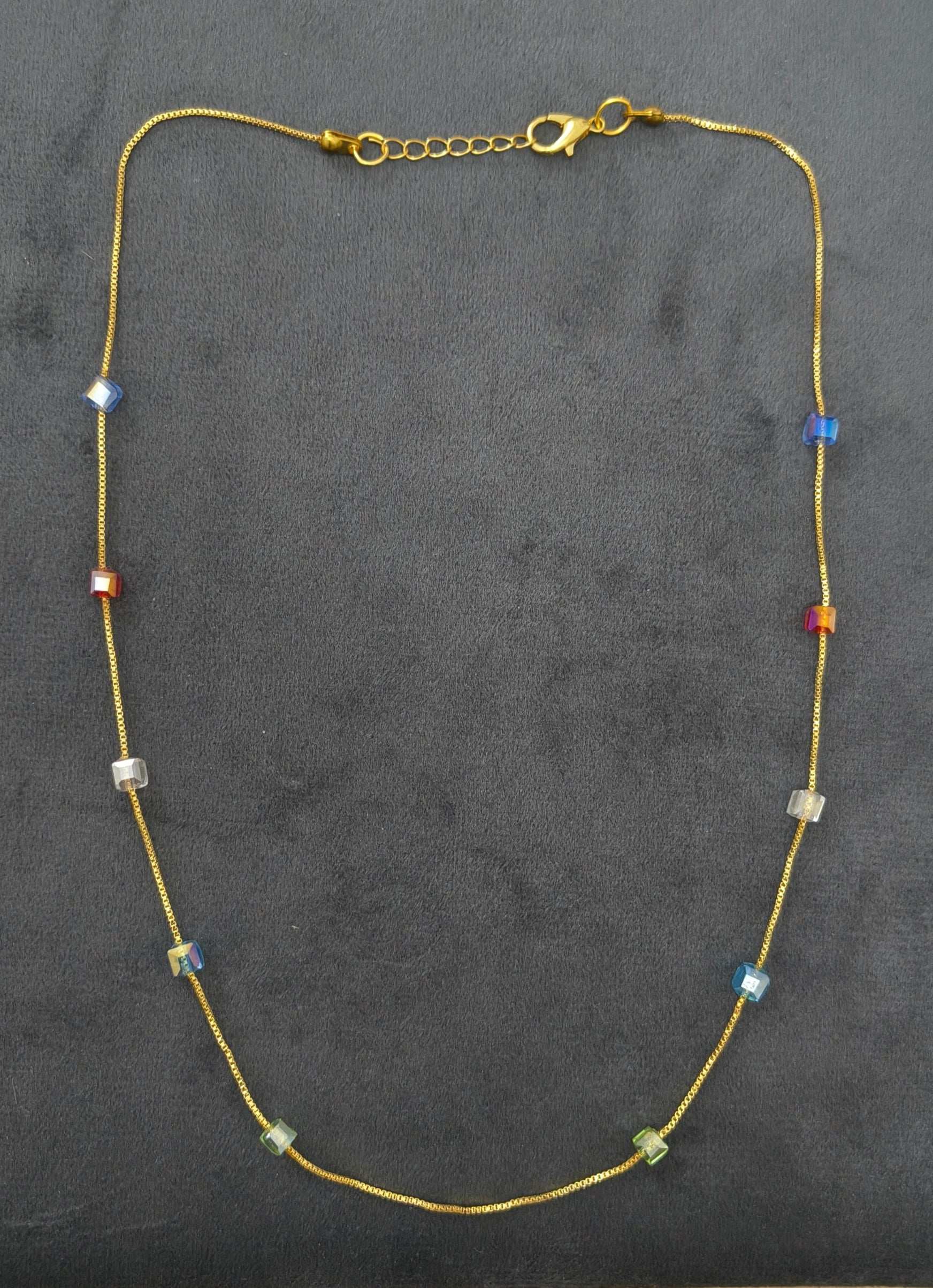 Gold Plated Multicolor Square Crystal Beads Necklace