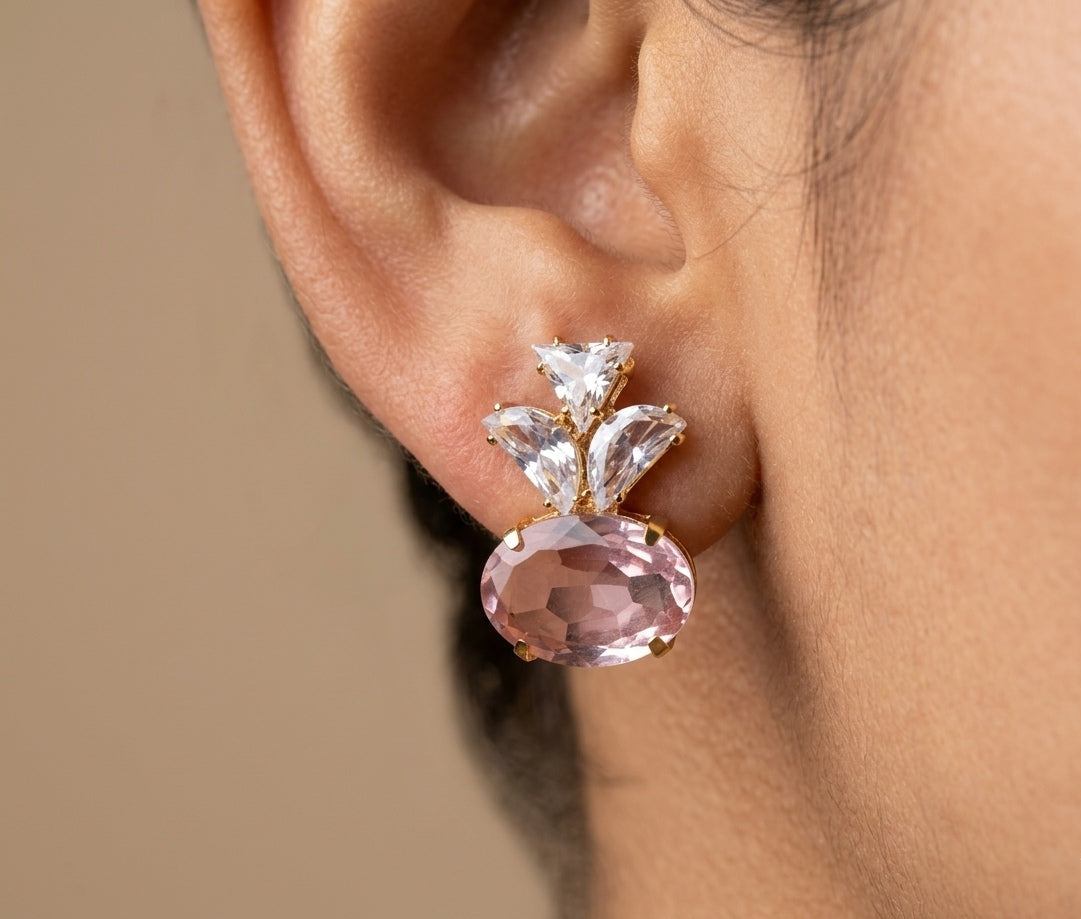 Gold Plated AD Oval Stone Studded Designer Earrings