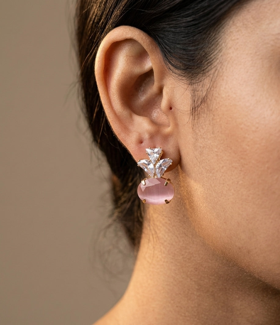 Gold Plated AD Oval Stone Studded Designer Earrings