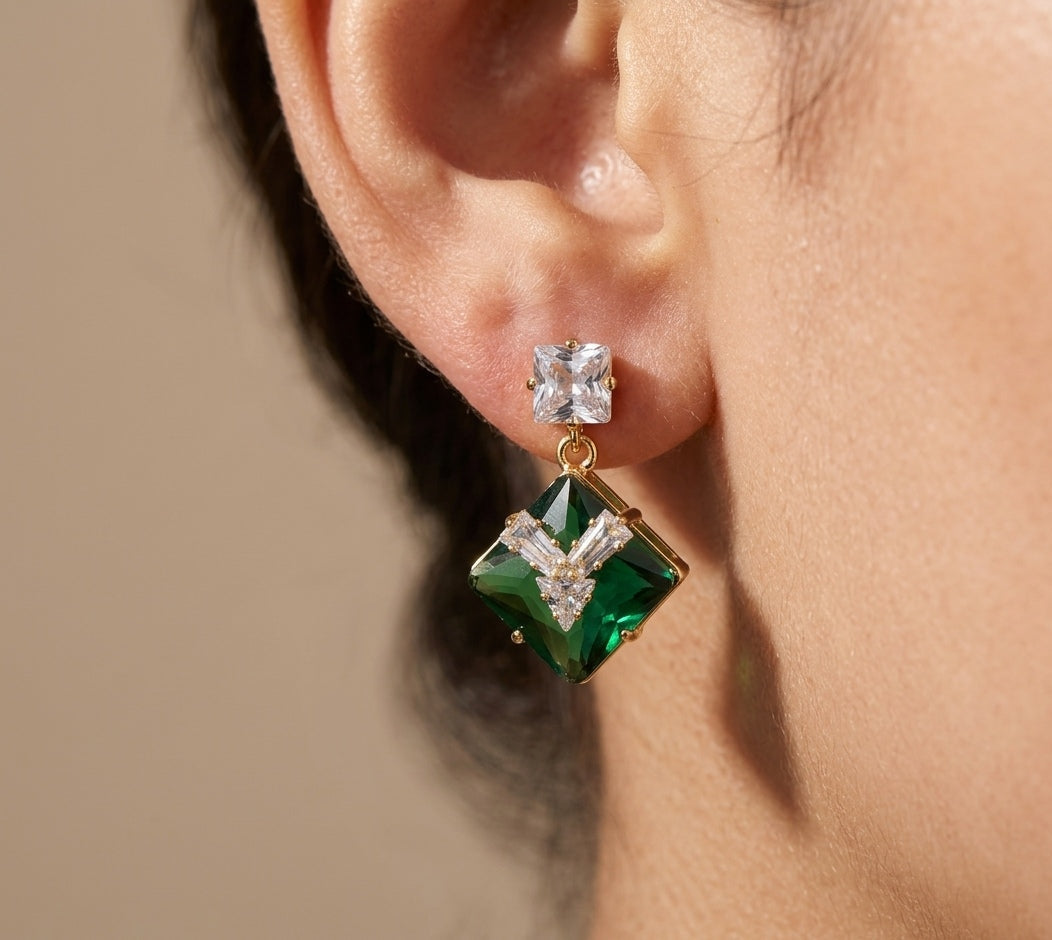 Gold Plated AD Square Emerald Stone Studded Stud Earring