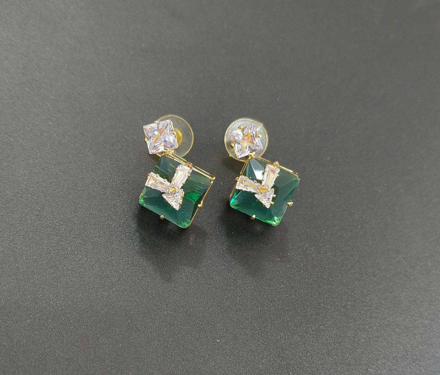 Gold Plated AD Square Emerald Stone Studded Stud Earring