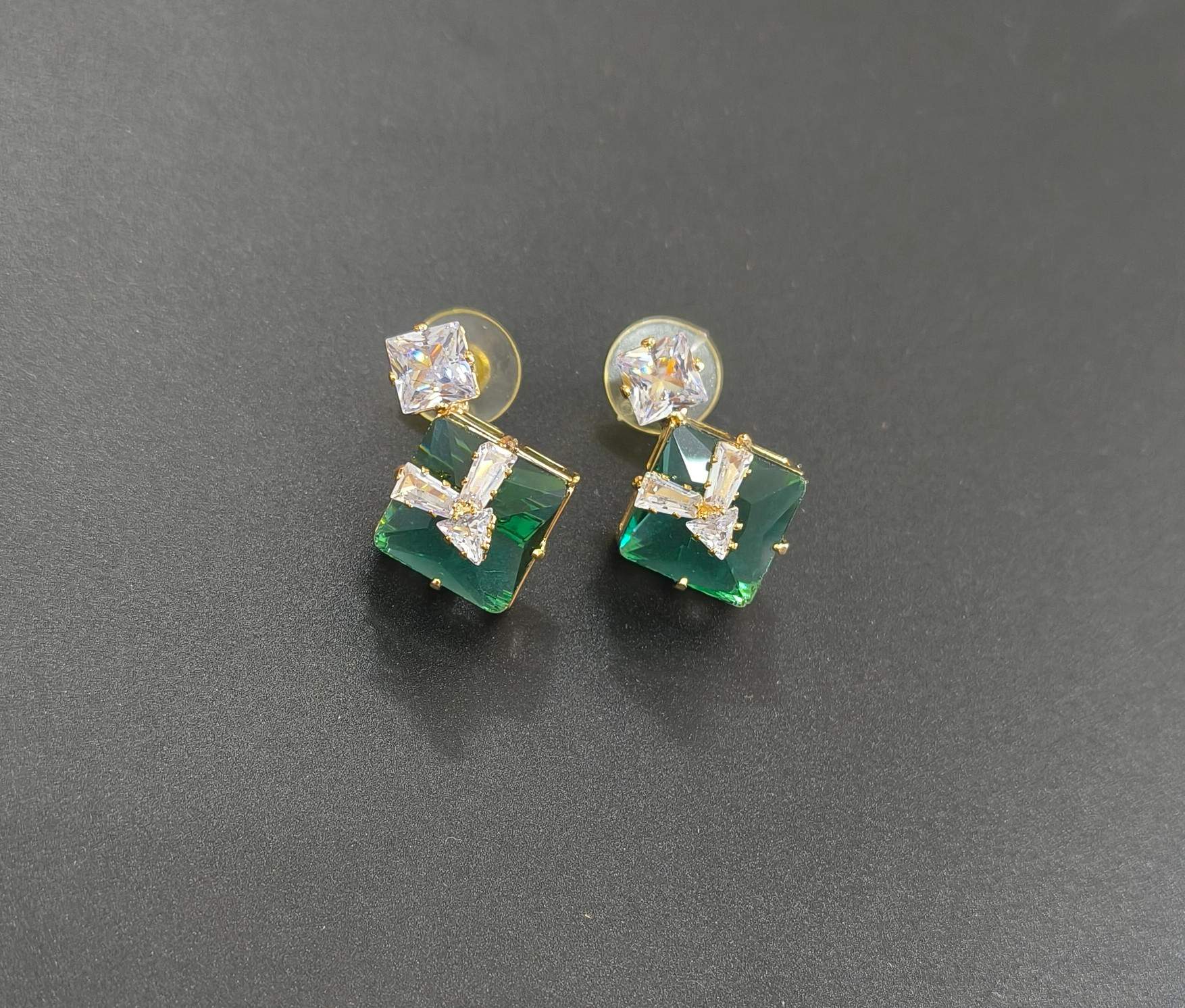 Gold Plated AD Square Emerald Stone Studded Stud Earring