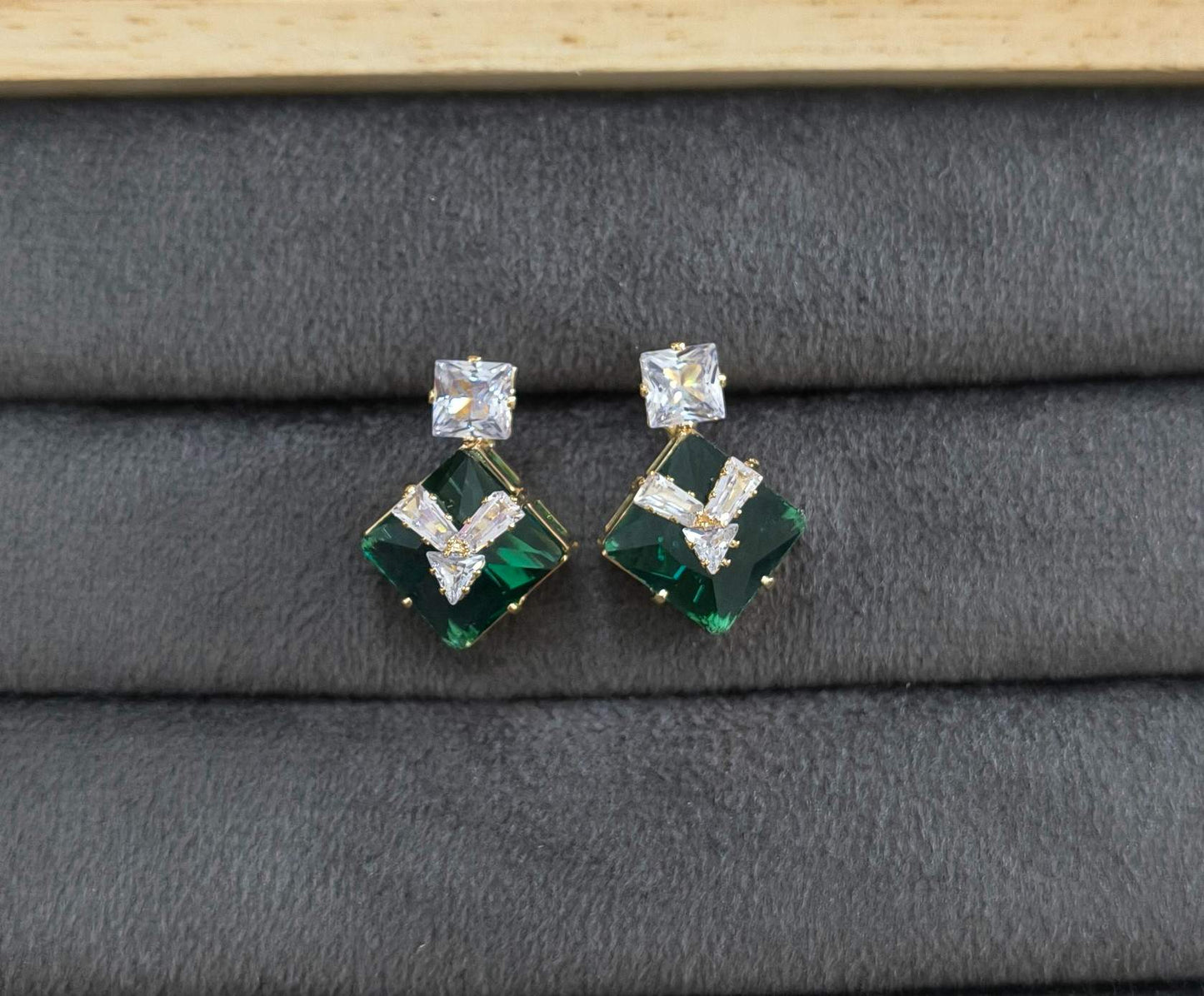 Gold Plated AD Square Emerald Stone Studded Stud Earring