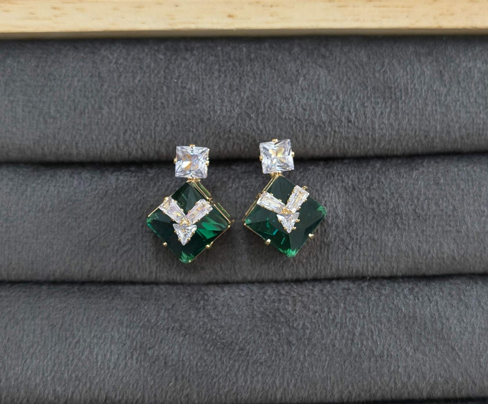 Gold Plated AD Square Emerald Stone Studded Stud Earring
