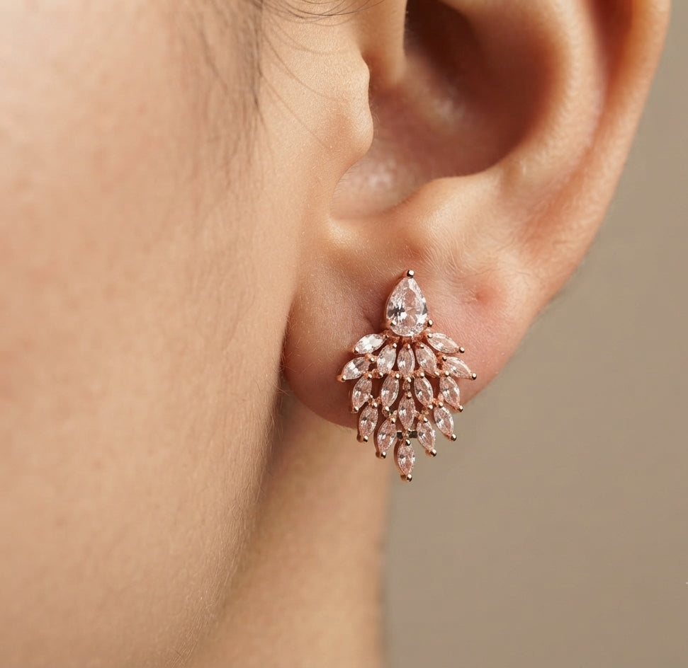 Gold Plated AD Stone Studded Leaf Shape Statement Earring