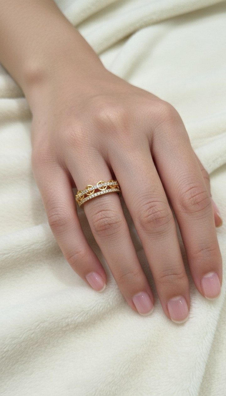 Gold Plated Adjustable Crown Style AD Stone Studded Ring