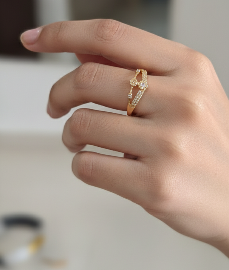 Gold Plated Adjustable Floral AD Stone Studded Ring
