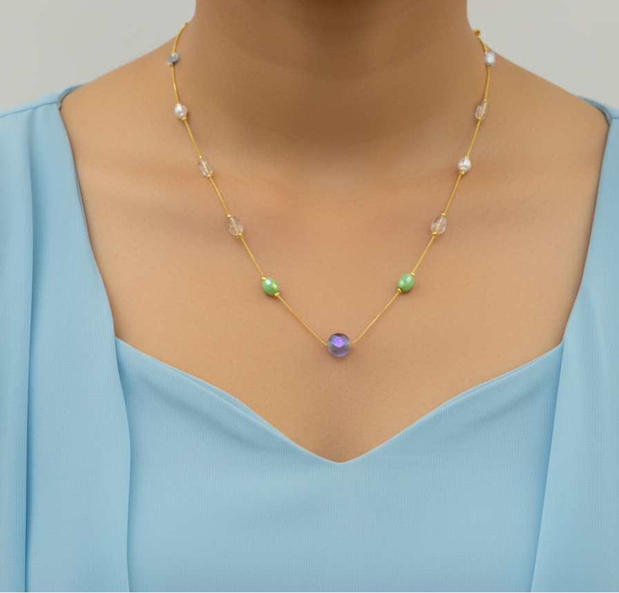 Gold Plated Fancy Multicolor Crystal Beads Necklace