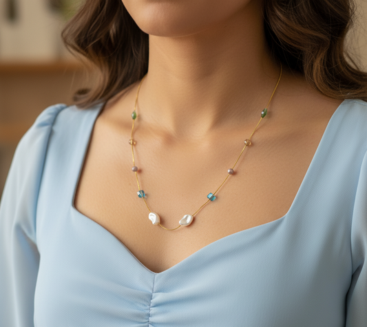 Gold Plated Freshwater Pearl Shape Crystal & Beads Necklace