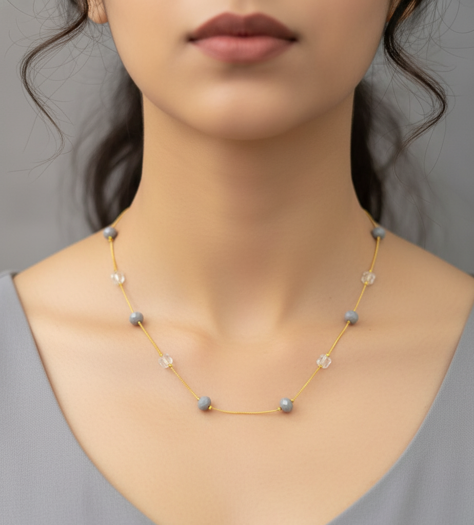 Gold Plated Grey White Crystal & Beads Necklace