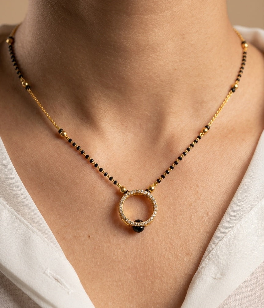 Gold Plated Hollow Circle Black Bead Pendant Mangalsutra