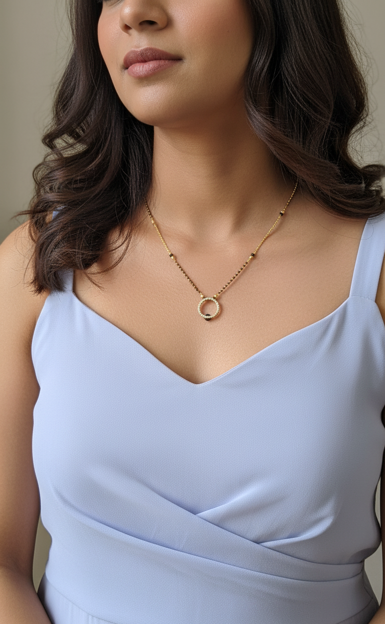 Gold Plated Hollow Circle Black Bead Pendant Style Mangalsutra Chain