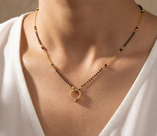 Gold Plated Hollow Circle Pink Bead Pendant Mangalsutra