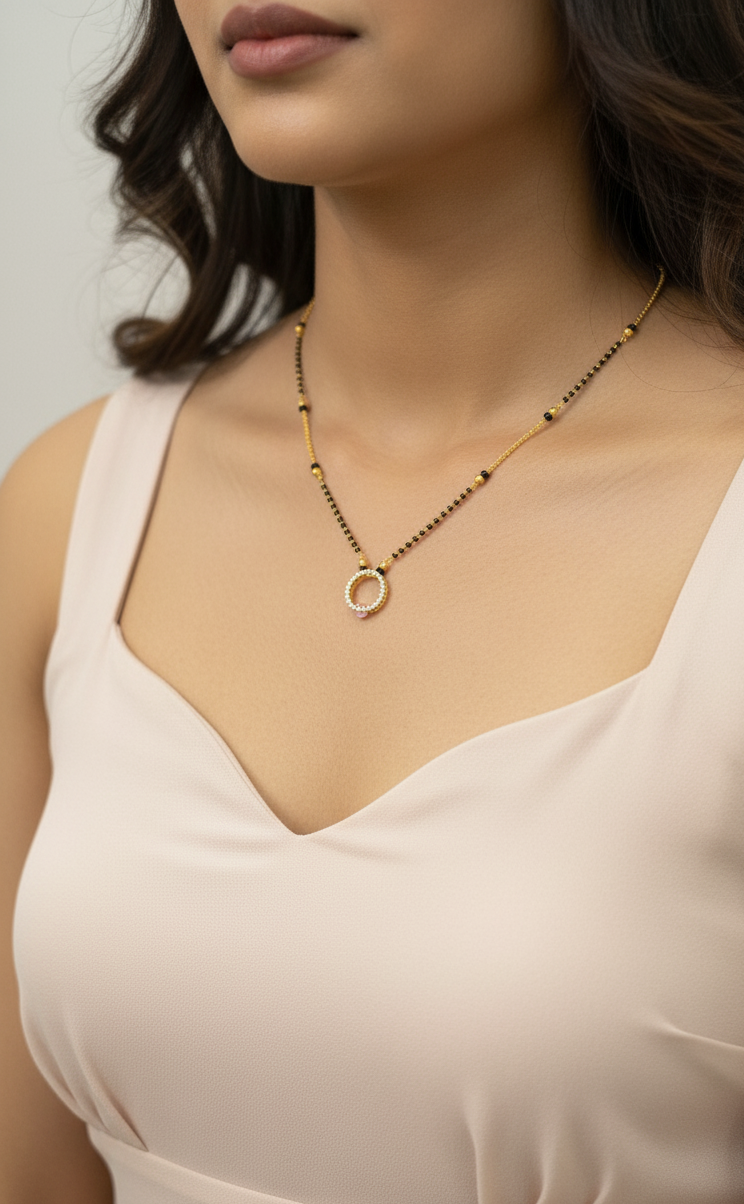 Gold Plated Hollow Circle Pink Bead Pendant Style Mangalsutra Chain