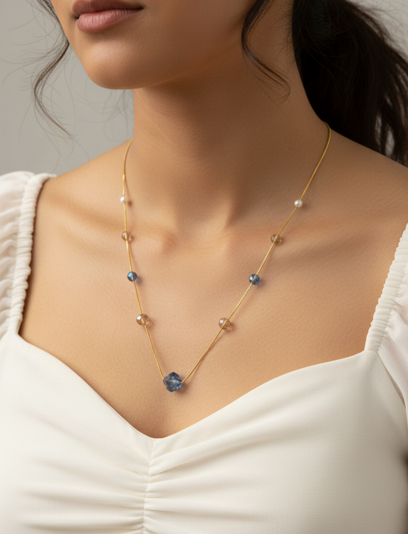 Gold Plated Multicolor Floral & Round Crystal Beads Necklace