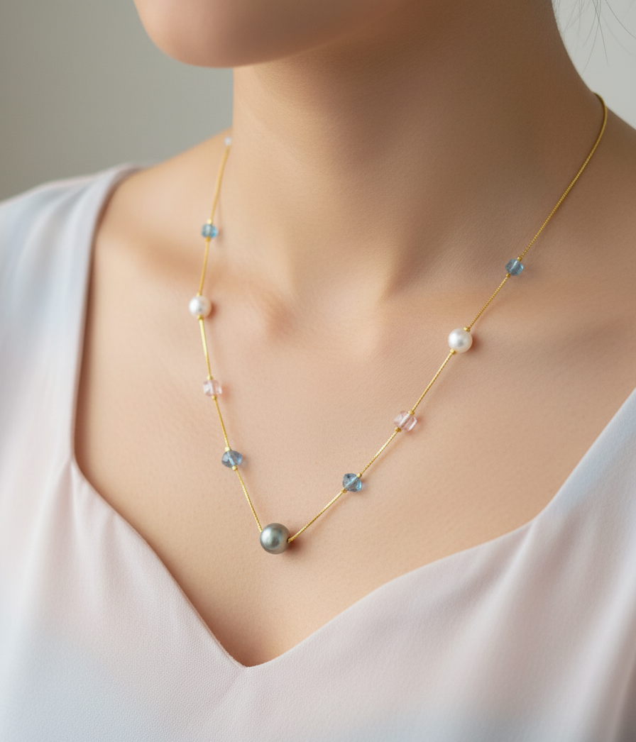 Gold Plated Multicolor Pearl & Crystal Beads Necklace