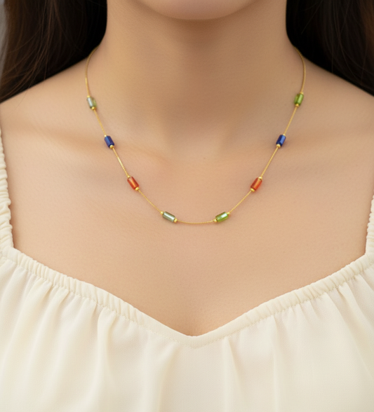 Gold Plated Multicolor Rectangle Crystal Beads Necklace