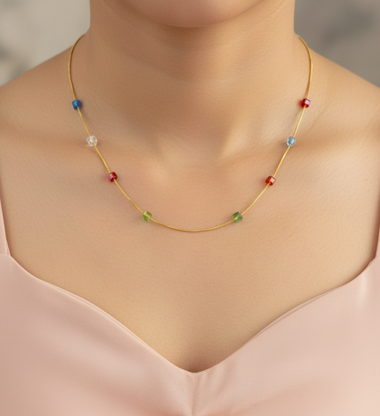 Gold Plated Multicolor Square Crystal Beads Necklace