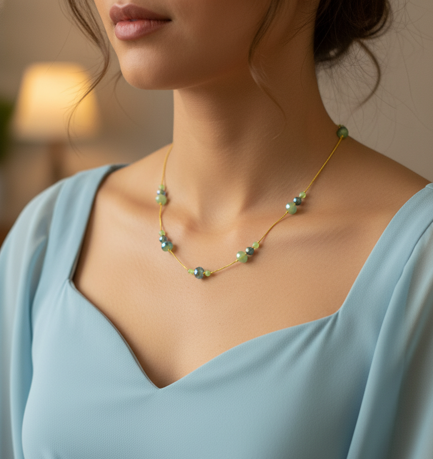 Gold Plated Peacock Green Crystal Beads Necklace