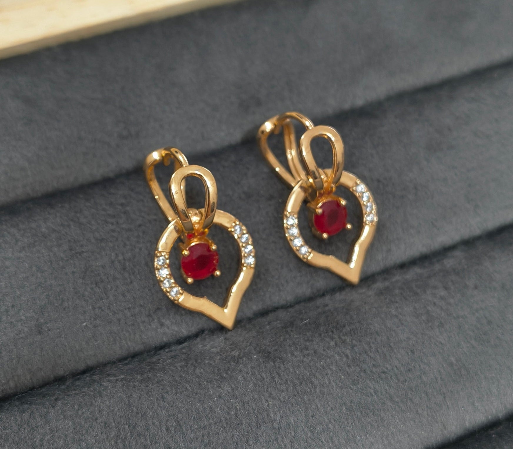 Gold Plated Red Stone Dancing Heart Hoop Earring