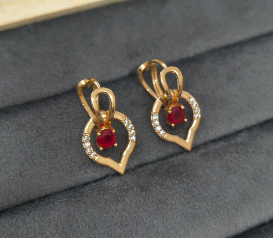 Gold Plated Red Stone Dancing Heart Hoop Earring
