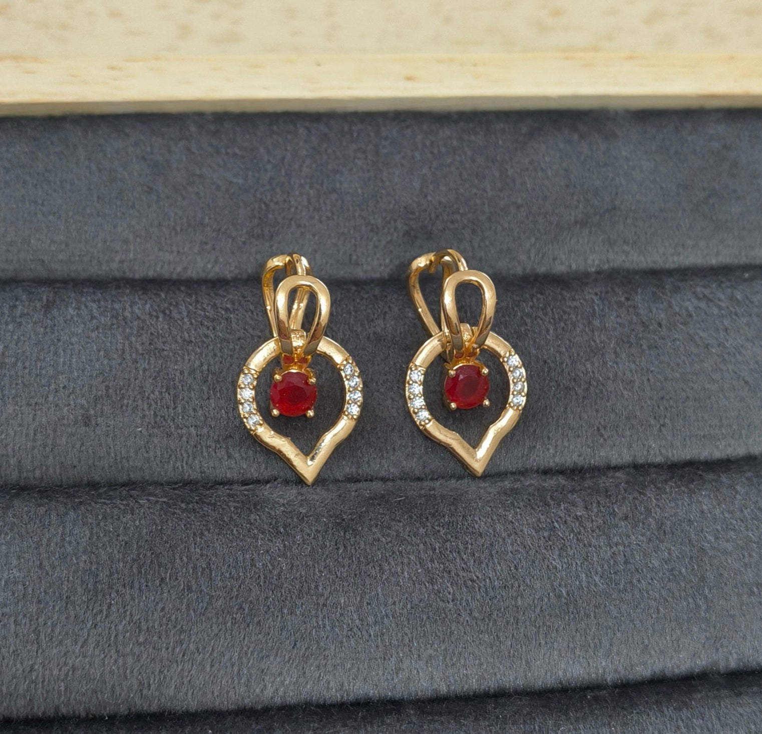 Gold Plated Red Stone Dancing Heart Hoop Earring
