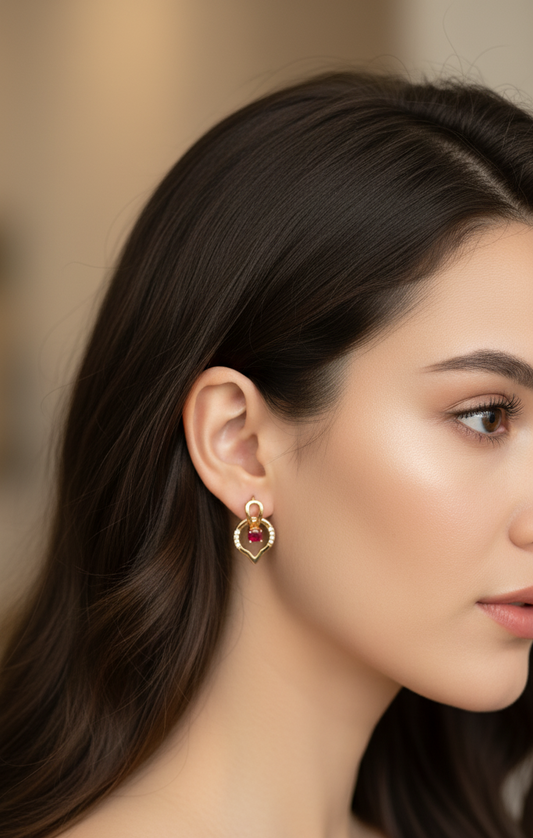 Gold Plated Red Stone Dancing Heart Hoop Earring