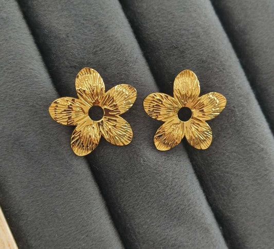 Golden Textured Flower Earrings Studs 18K Gold Plated