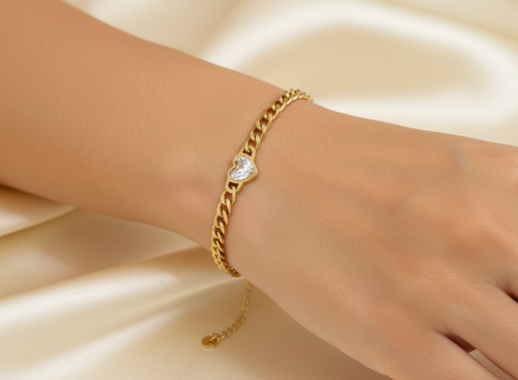 Golden Cuban Chain Stone Heart Bracelet 18K Gold Plated