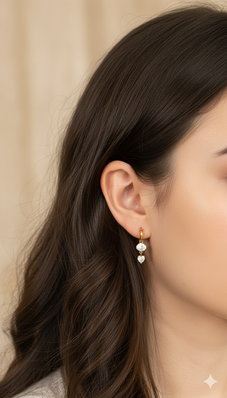 Heart Drop Stone Studded Dangler Earrings 18K Gold Plated
