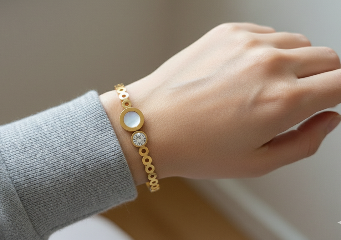 Hollow Circles and Stone Studded 18K Gold Plated Bracelet