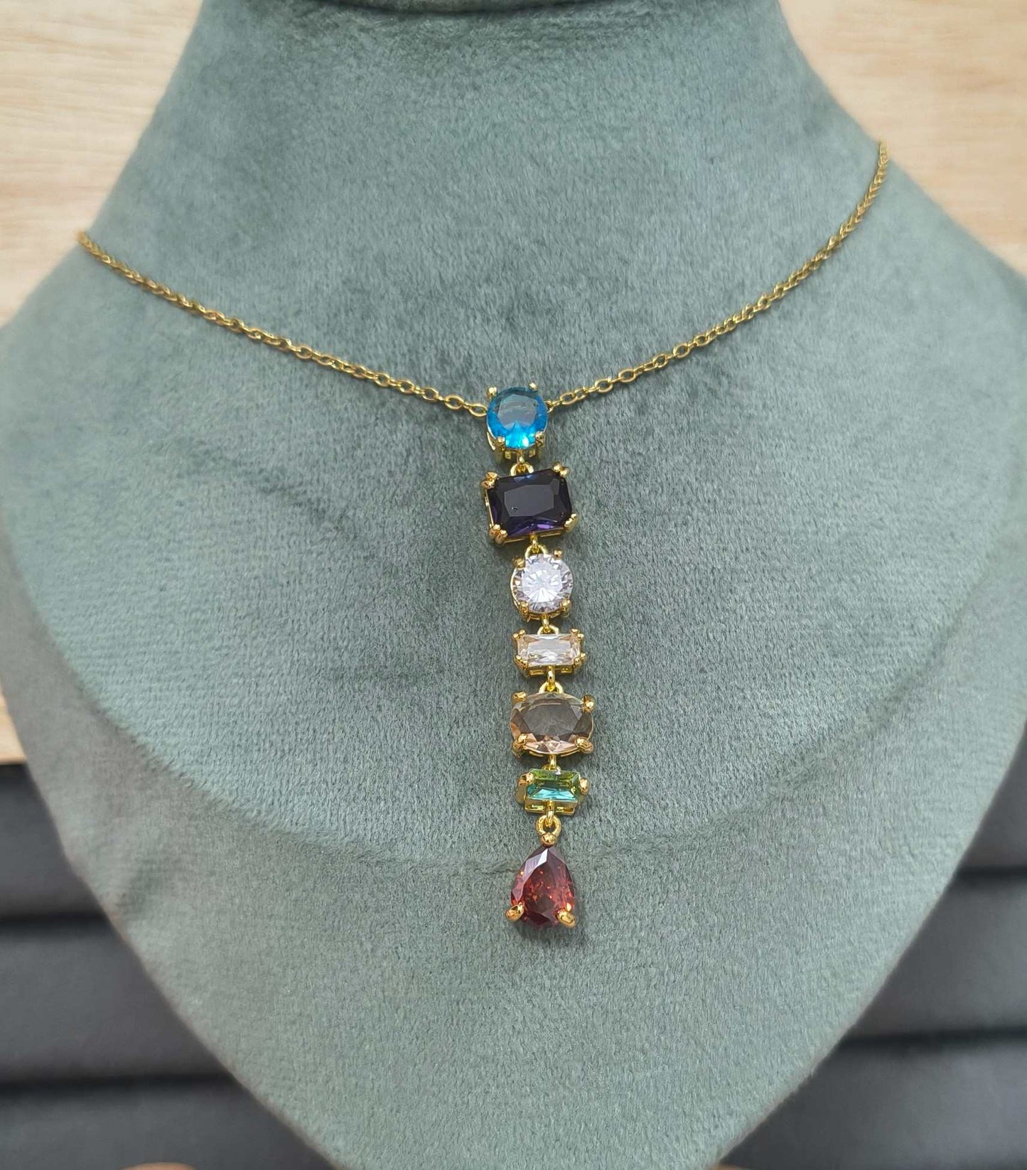 Anti Tarnish Necklace Rainbow Diamonds 18K Gold Plated