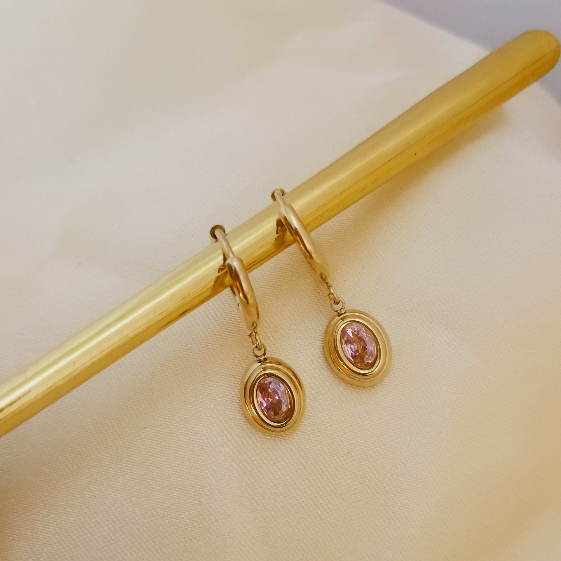 Anti tarnish High Quality Pink Zirconia Round Pendant Drop Dangle Earrings 18K PVD coated - Urban Era Jewel