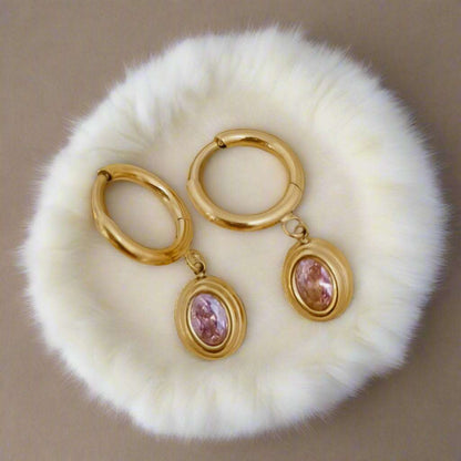 Anti tarnish High Quality Pink Zirconia Round Pendant Drop Dangle Earrings 18K PVD coated - Urban Era Jewel