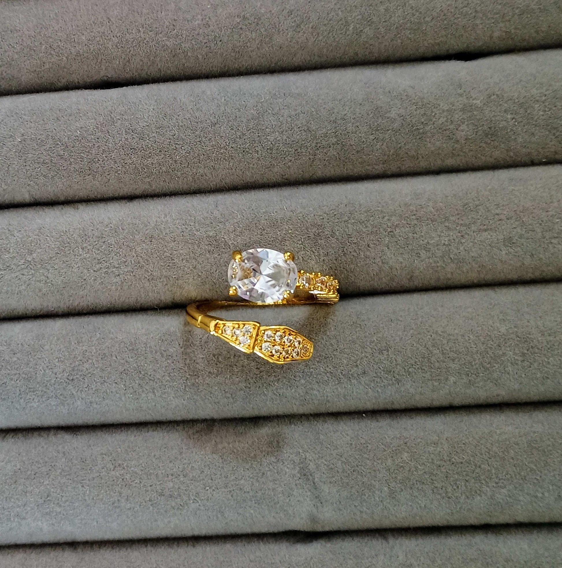 White Stone Studded Spiral Adjustable 18K Gold Plated Ring