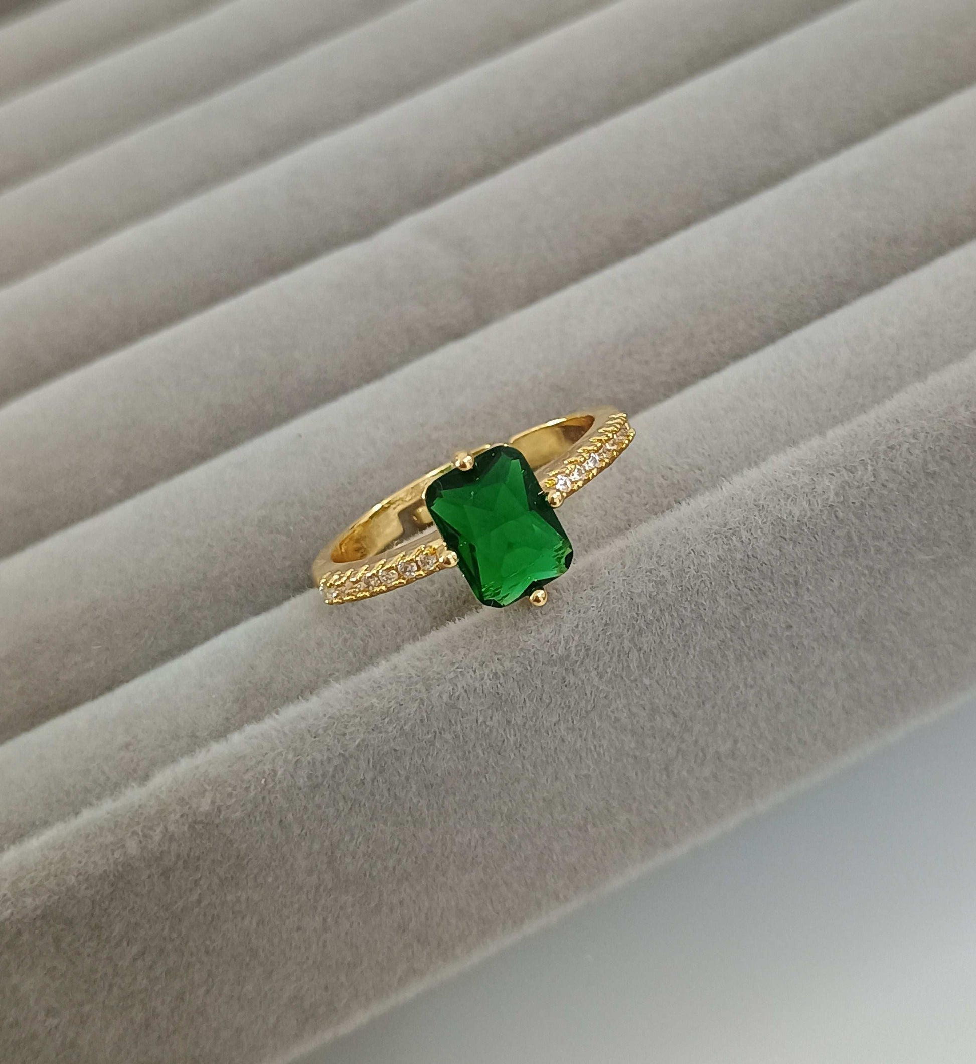 Cushion Cut Dainty Green Diamond Adjustable 18K Gold Plated Ring