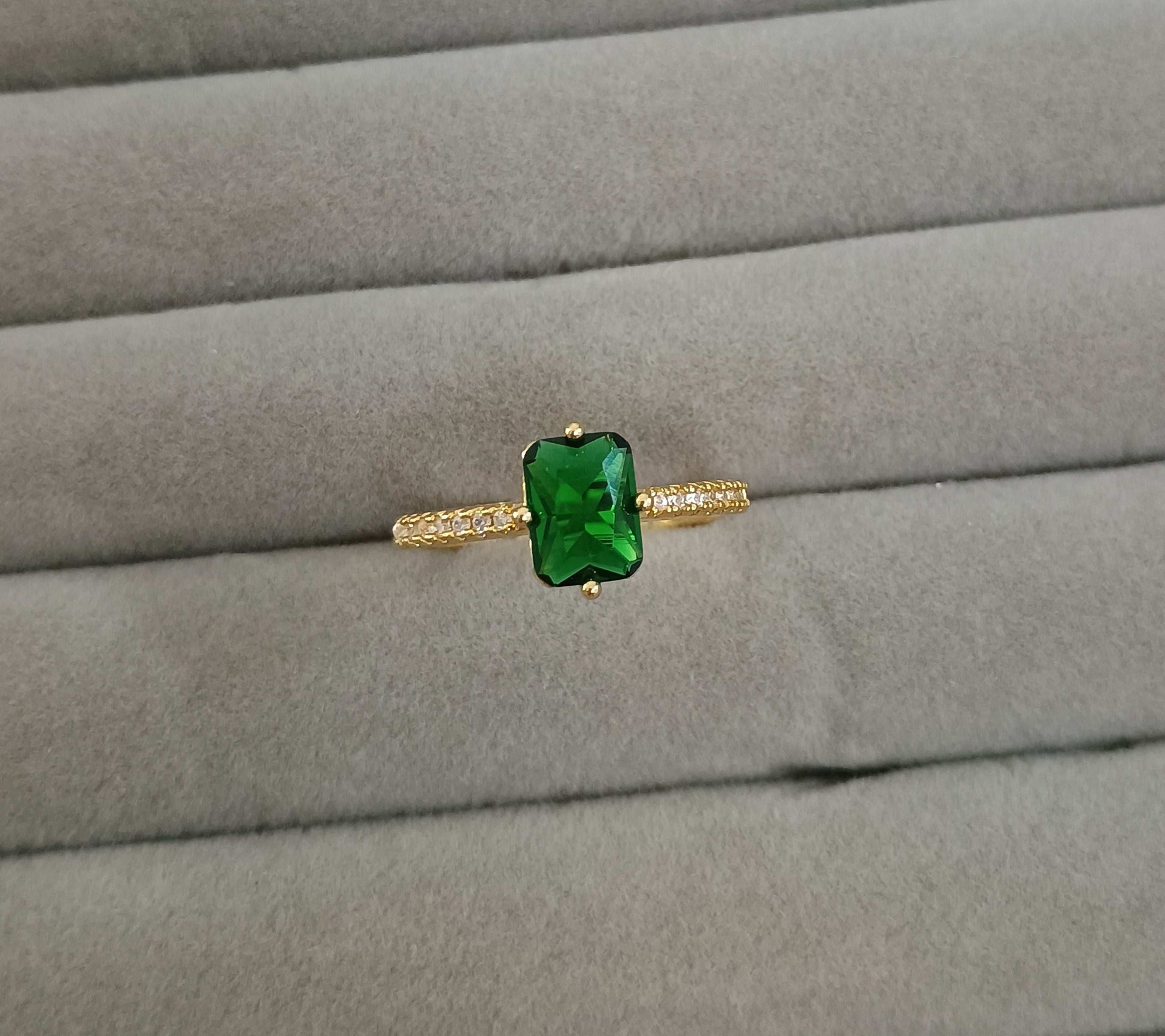 Cushion Cut Dainty Green Diamond Adjustable 18K Gold Plated Ring
